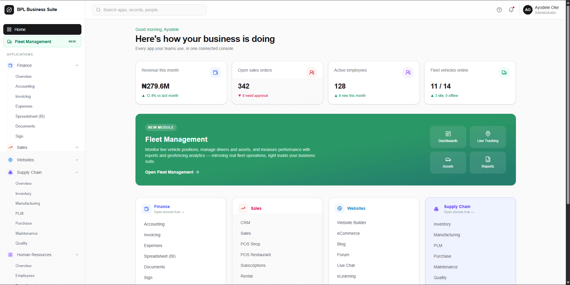 Business suite dashboard featuring a new fleet management module