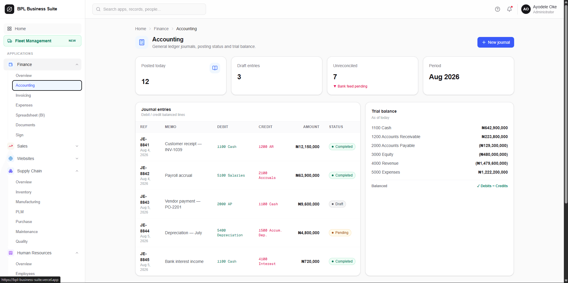 ERP accounting workspace with journal entries and trial balance