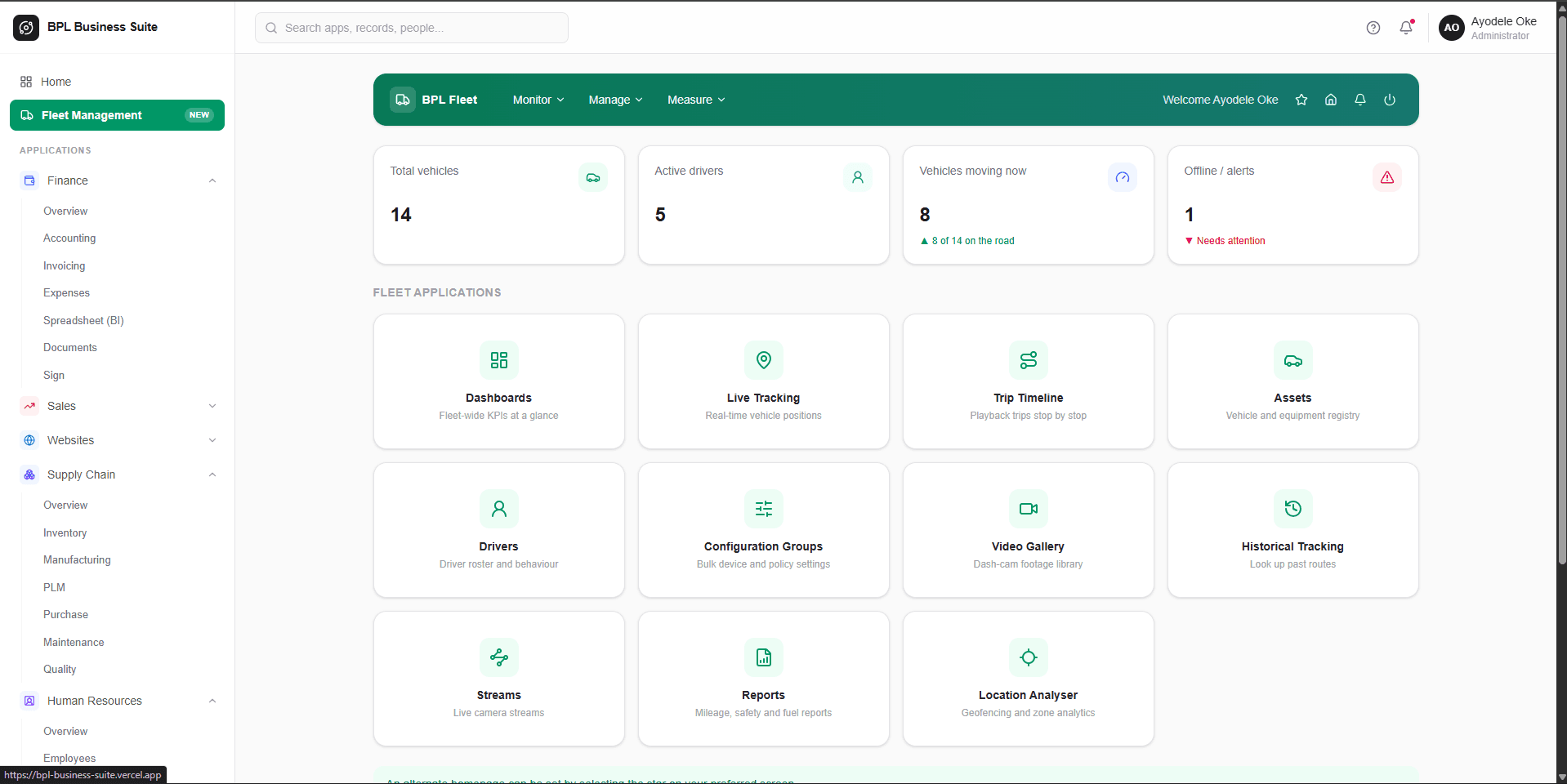 Fleet management module with live tracking and operational tools