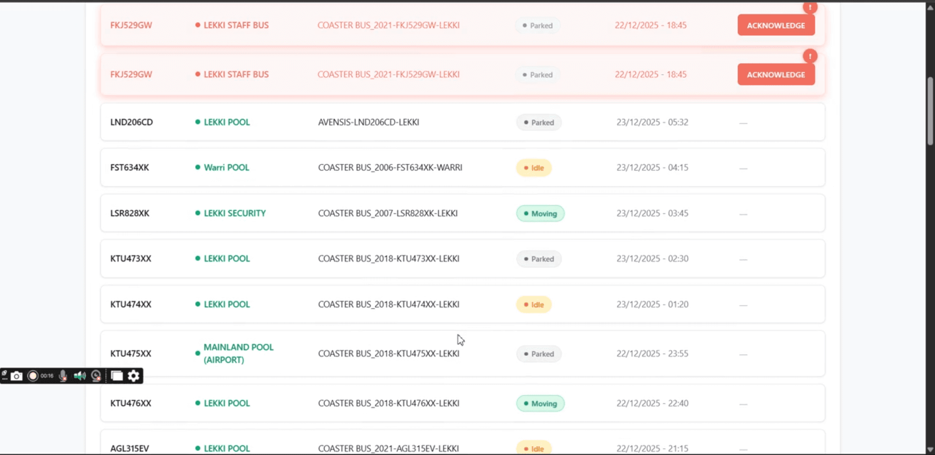 Vehicle status list with parked, idle, and moving badges