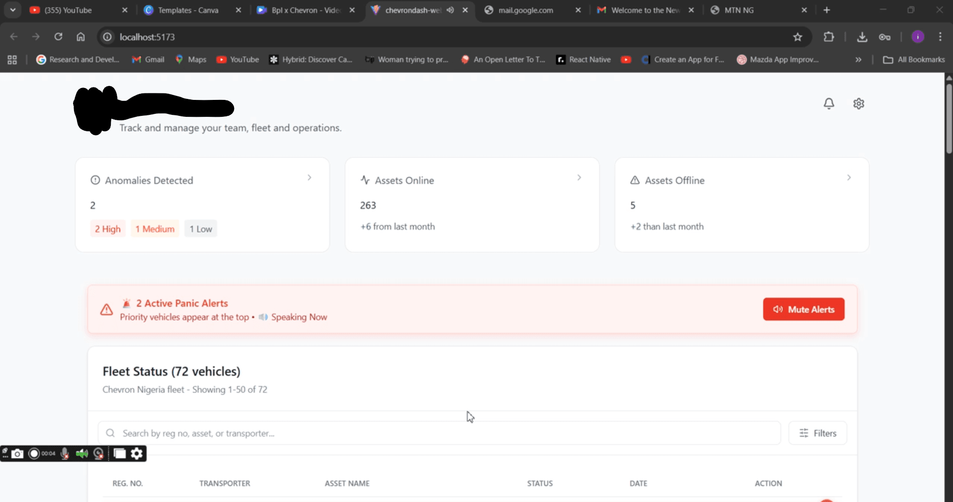 Fleet visibility dashboard showing online assets, anomalies, and status table